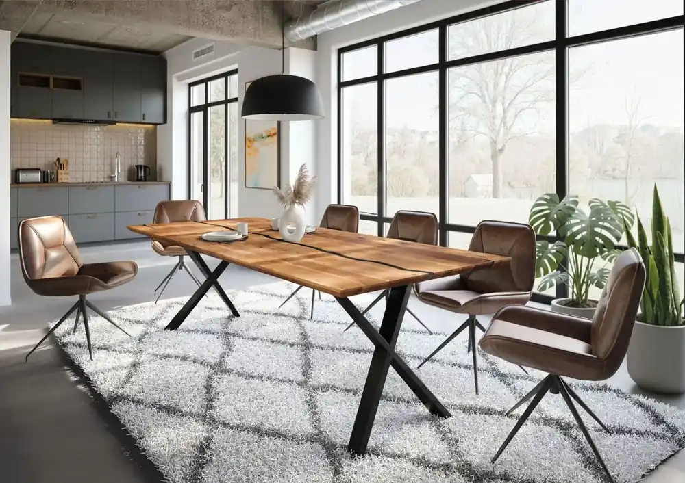 Esstisch Akazie 240x100x76 natur lackiert / Epoxid schwarz, ausgestellte X-Beine anthrazit matt EPOXY Nur Heute