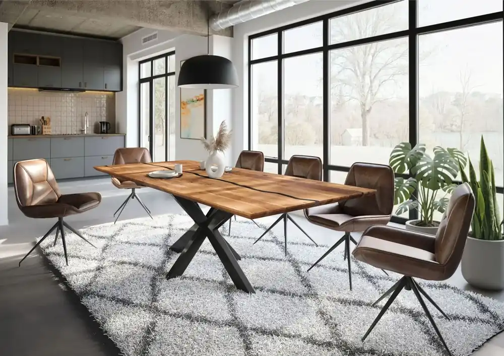 Esstisch Akazie 260x100x74 natur lackiert / Epoxid schwarz, Kreuzgestell anthrazit glänzend EPOXY Preisknaller