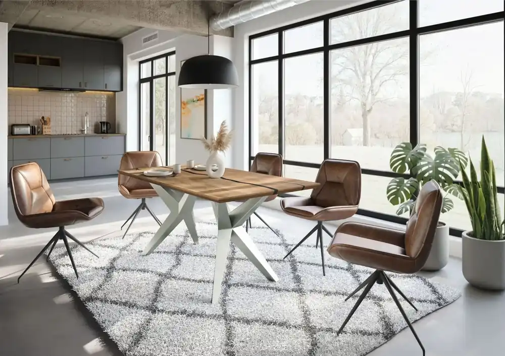 Online Kaufen Esstisch Mango 180x90x76 natur lackiert / Epoxid schwarz, Sterngestell silber matt EPOXY