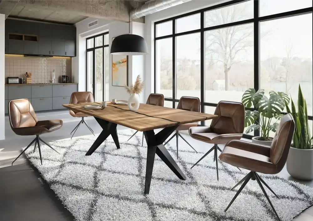 Esstisch Mango 200x100x76 natur lackiert / Epoxid schwarz, Sterngestell anthrazit matt EPOXY Expressversand