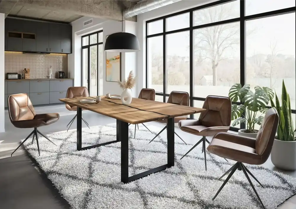 Esstisch Mango 200x100x76 natur lackiert / Epoxid schwarz, U-Beine anthrazit matt EPOXY Ausverkauf