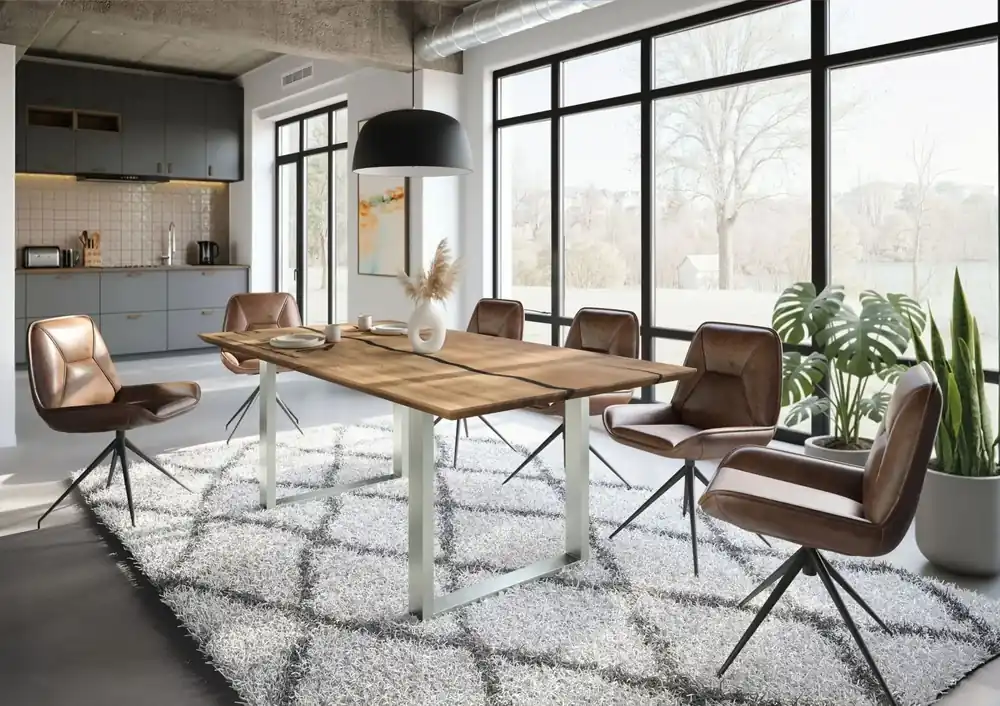 Neue Kollektion Esstisch Mango 200x100x76 natur lackiert / Epoxid schwarz, U-Beine silber matt EPOXY