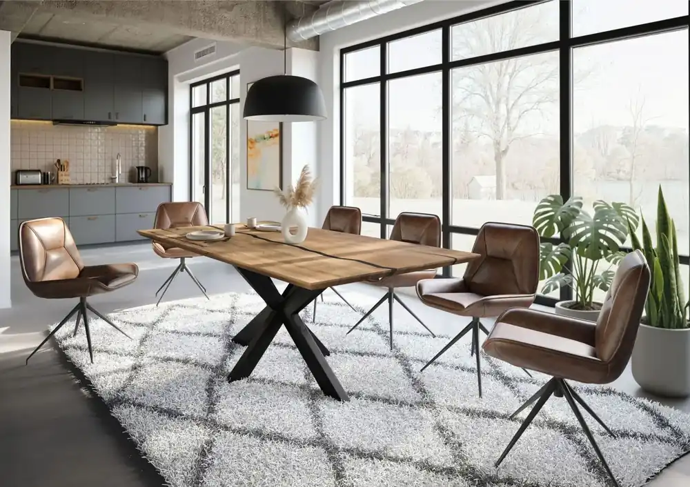 Esstisch Mango 220x100x74 natur lackiert / Epoxid schwarz, Kreuzgestell anthrazit matt EPOXY Highlight