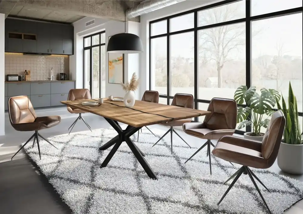 Direktkauf Esstisch Mango 220x100x74 natur lackiert / Epoxid schwarz, Kreuzgestell rund anthrazit matt EPOXY
