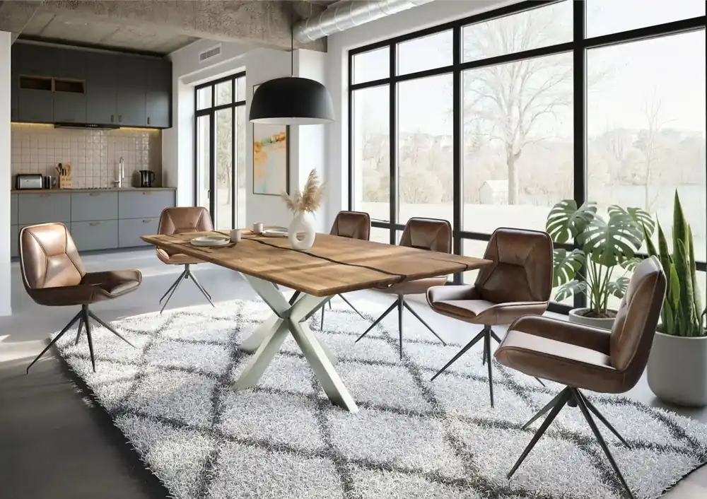Esstisch Mango 220x100x74 natur lackiert / Epoxid schwarz, Kreuzgestell silber matt EPOXY Schneller Versand