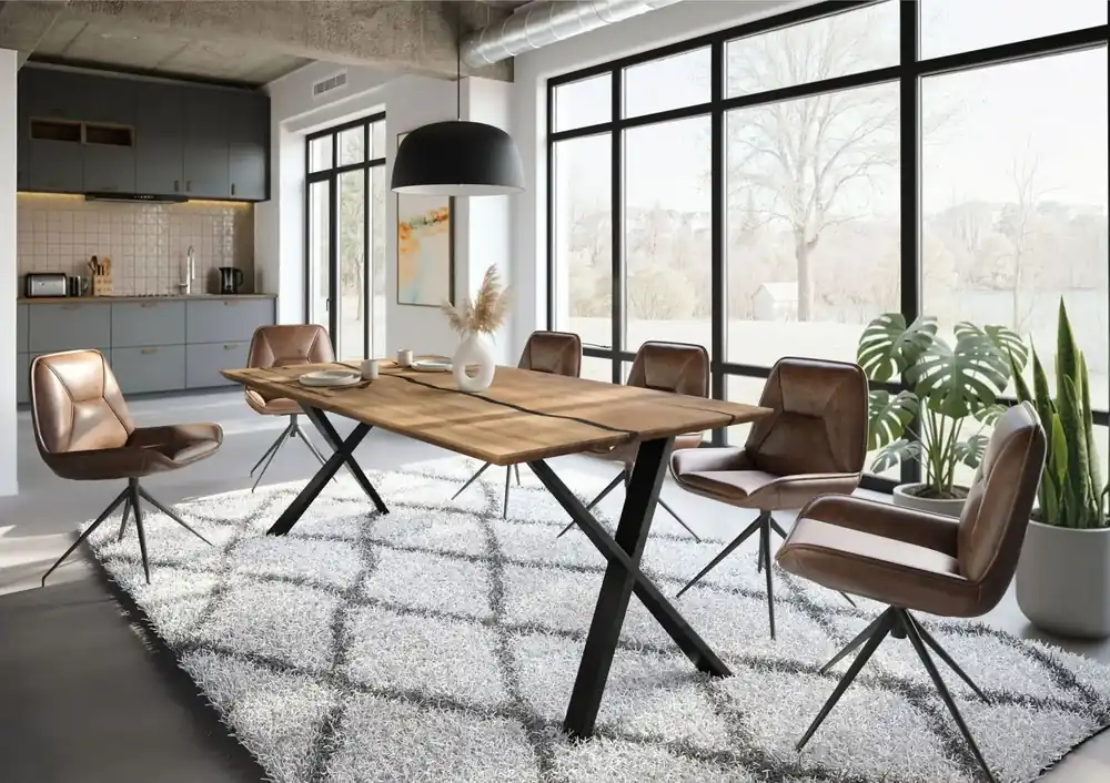 Esstisch Mango 220x100x76 natur lackiert / Epoxid schwarz, ausgestellte X-Beine anthrazit matt EPOXY Geprüft