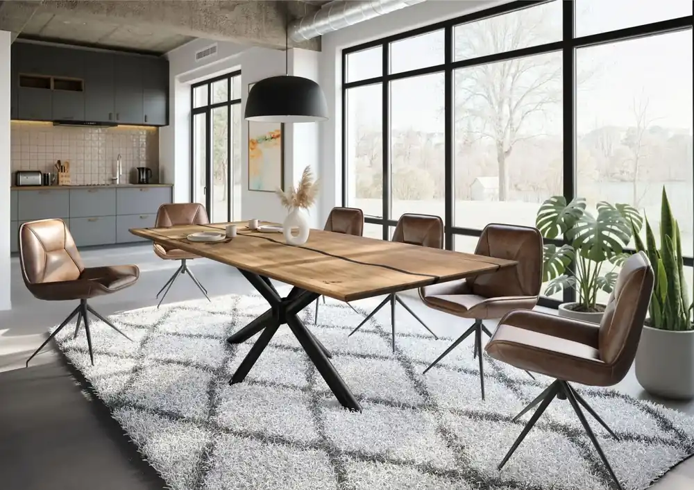 Esstisch Mango 260x100x74 natur lackiert / Epoxid schwarz, Kreuzgestell rund anthrazit matt EPOXY Bestseller