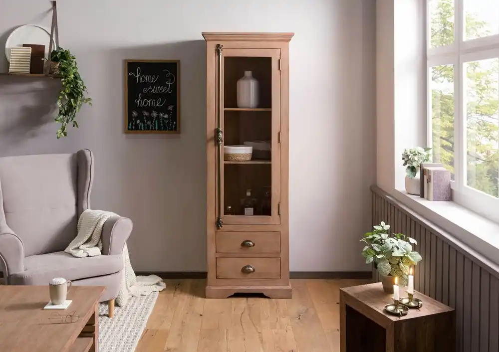 Vitrine Mango 65x45x190 beige geölt TOULOUSE #02 Begrenztes Angebot