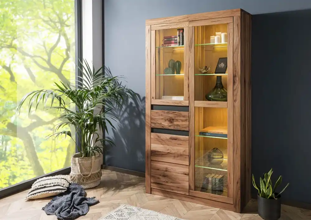 Vitrine Wild-/ Zerreiche 110x42x200 tabacco brown geölt MONTREUX #318 Sonderangebot
