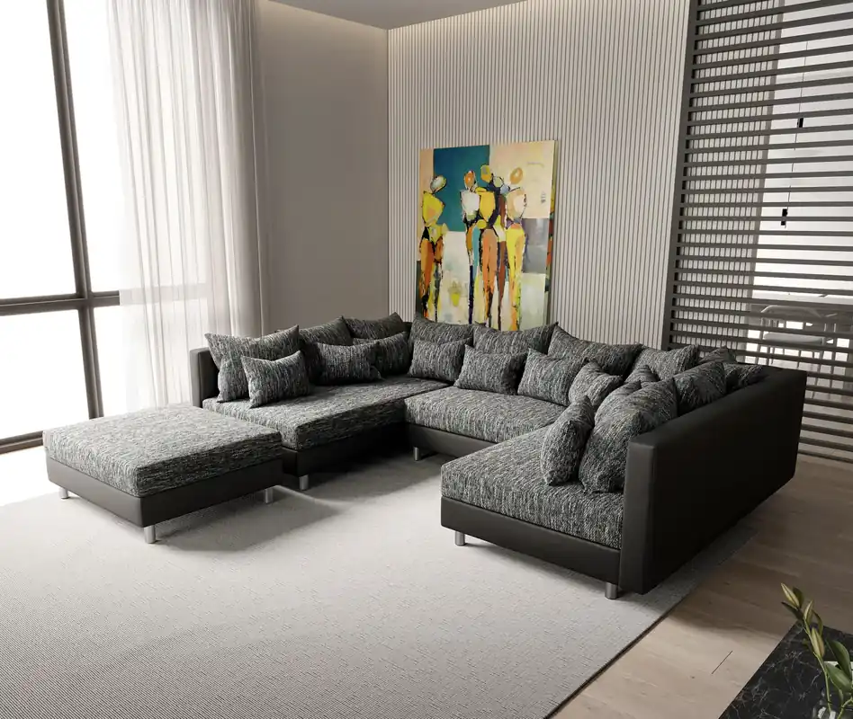 Neue Kollektion Wohnlandschaft Clovis Schwarz Modulsofa mit Hocker