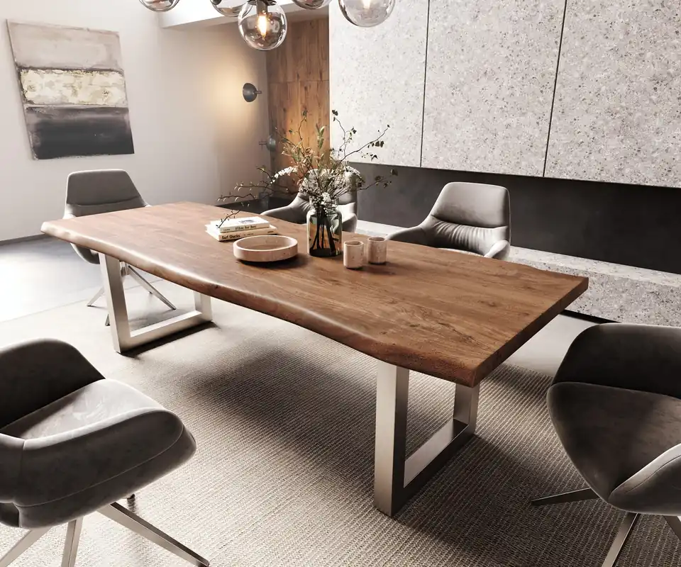 Schneller Versand Esstisch Edge 260x100 XL Akazie Braun Edelstahl Breit Live-
