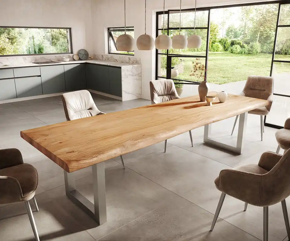 Esstisch Edge 300x100 XL Akazie Natur Edelstahl Breit Live- Echt