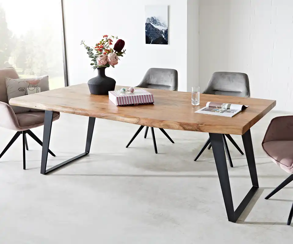 Schneller Versand Esstisch Edge 200x100 XL Akazie Natur Metall Schräg Live-