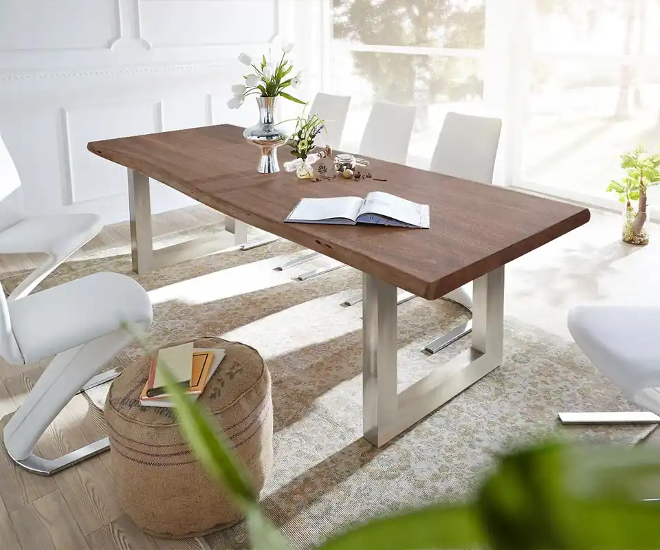 Sofort Bestellen Esstisch Edge 300x100 XL Akazie Braun Edelstahl Breit Live-