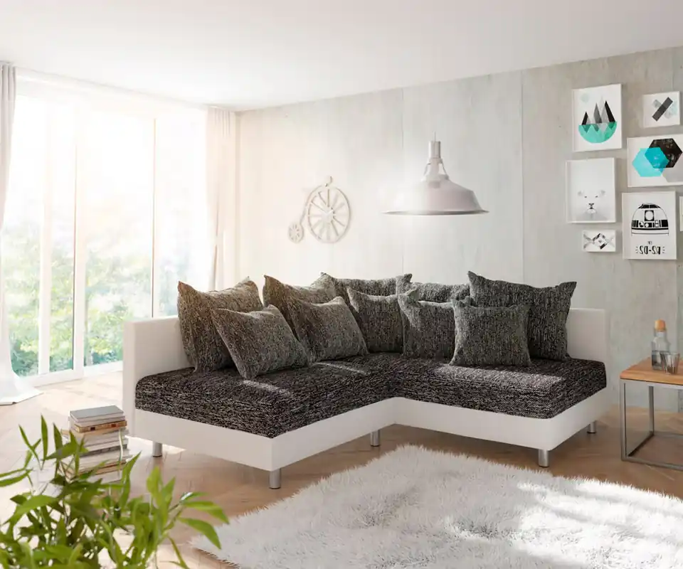 Billig Ecksofa Clovis Weiss Schwarz Ottomane Rechts modular