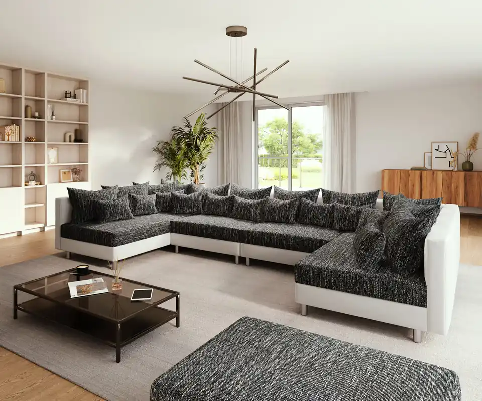 Wohnlandschaft Clovis XL Weiss Schwarz mit Hocker modular Nur Für Kurze Zeit