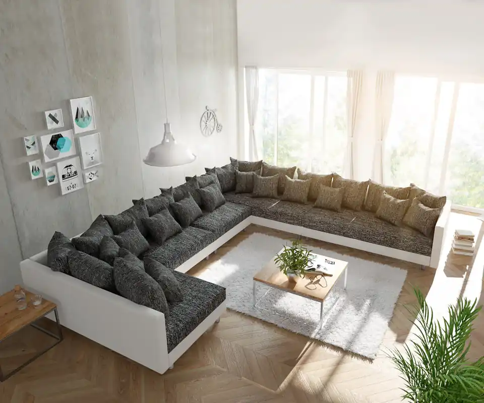 Wohnlandschaft Clovis XXL Weiss Schwarz Ottomane Rechts Preiswert