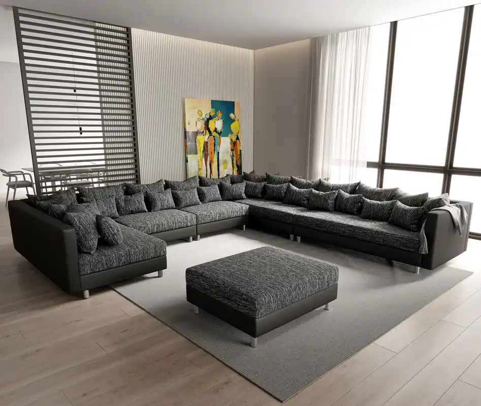 Wohnlandschaft Clovis XXL Schwarz Modular Hocker Ottomane Rechts Wochenendangebot