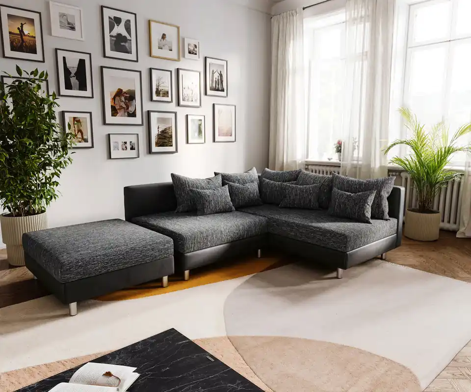 Ecksofa Clovis Schwarz mit Hocker Ottomane Rechts Modular Ausverkauf