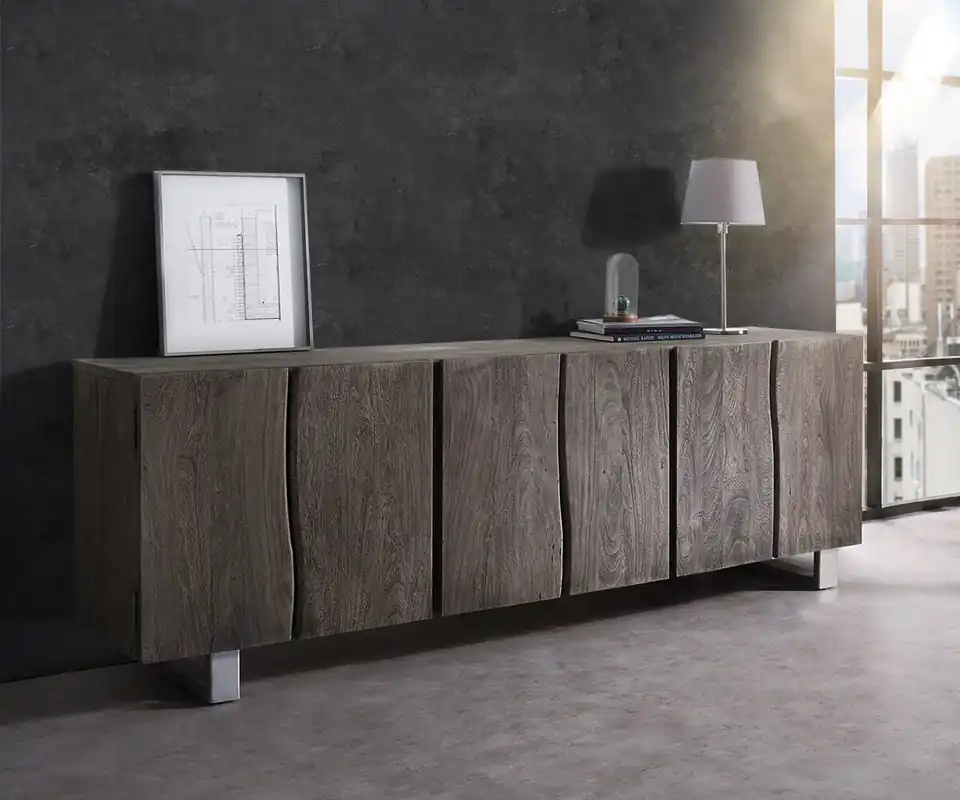 Sideboard Live-Edge 220 cm Akazie Platin massiv 6 Türen Billig