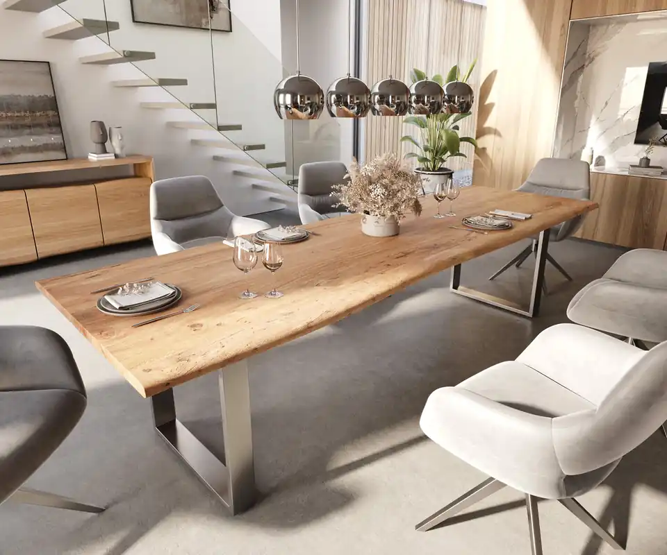 Super-Preis Esstisch Edge 300x100 Akazie Natur Edelstahl Schmal Live-