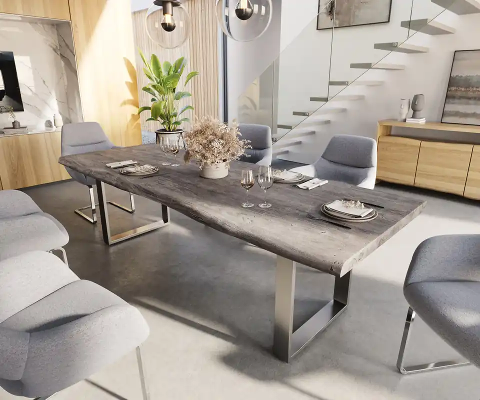Nur Heute Esstisch Edge 260x100 XL Akazie Platin Edelstahl Schmal Live-