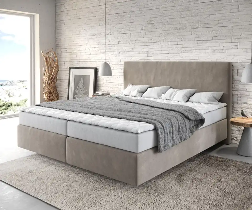 Saisonangebot Boxspringbett Dream-Well 180x200 cm Mikrofaser Beige mit Matratze und Topper