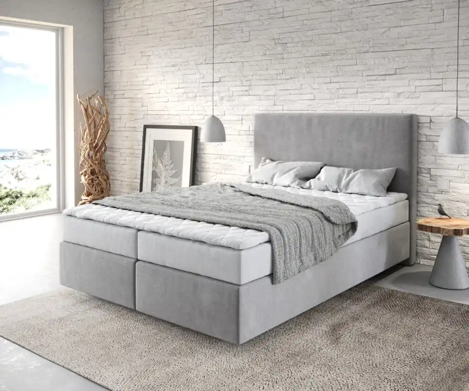 Zertifiziert Boxspringbett Dream-Well 140x200 cm Mikrofaser Grau mit Matratze und Topper