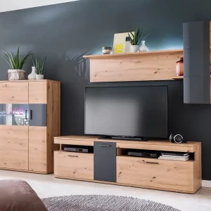 Versand Am Gleichen Tag Highboard Farum 90 x 130 cm Eiche Optik Glasvitrine 3 Türen