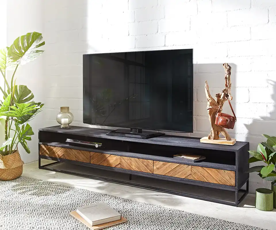 Markenware Lowboard Famke 200 cm Mango Teak 2 Fächer 3 Schubladen