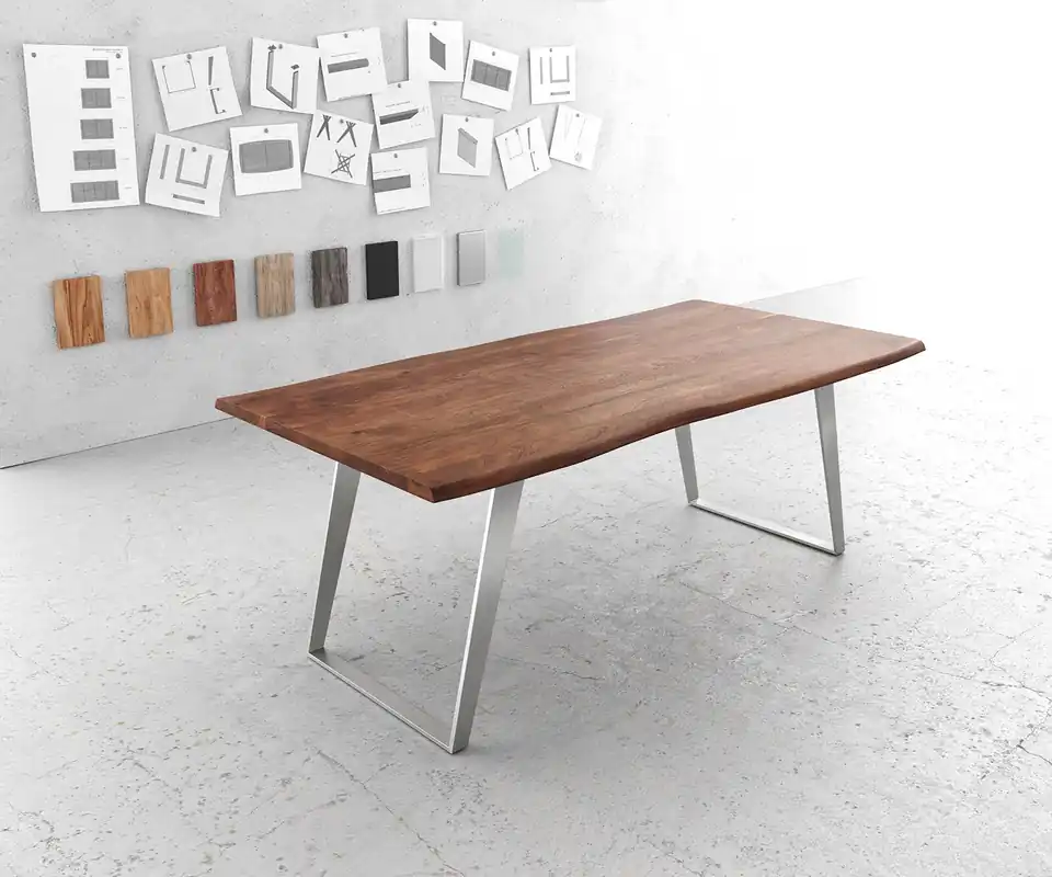 Wochenendangebot Esstisch Edge 200x100cm Akazie Braun Edelstahl Silber schräg Live-