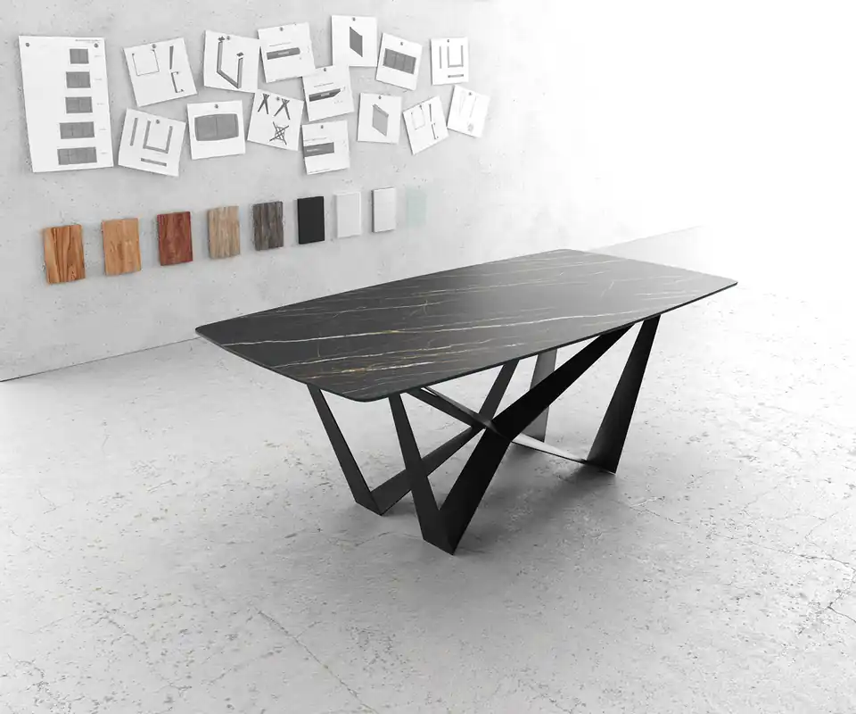 Esstisch Edge Bootsform 200x100cm Laminam® Keramik Noir Desir Braun Mittelfuß Flachstahl Schwarz Beliebt