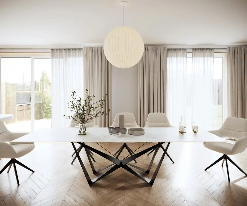 Sofort Bestellen Esstisch Edge 300x100cm Keramik Laminam®Statuarietto Weiß Mittelfuß Flachstahl Schwarz
