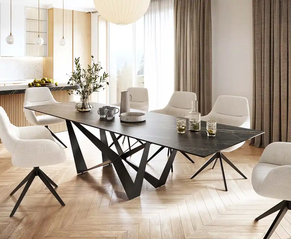Esstisch Edge 300x100cm Keramik Laminam®Noir Desir Braun Mittelfuß Flachstahl Schwarz Neue Kollektion