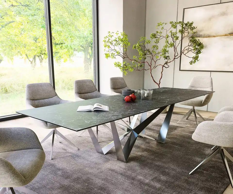 Wochenendangebot Esstisch Edge 300x100cm Keramik Laminam®Nero Greco Anthrazit Spider Flachstahl Edelstahl