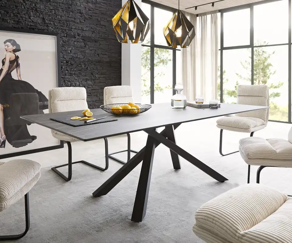 Letzte Chance Esstisch Edge 200x100cm Keramik Laminam®Noir Desir Braun Mittelfuß Kreuz Schwarz