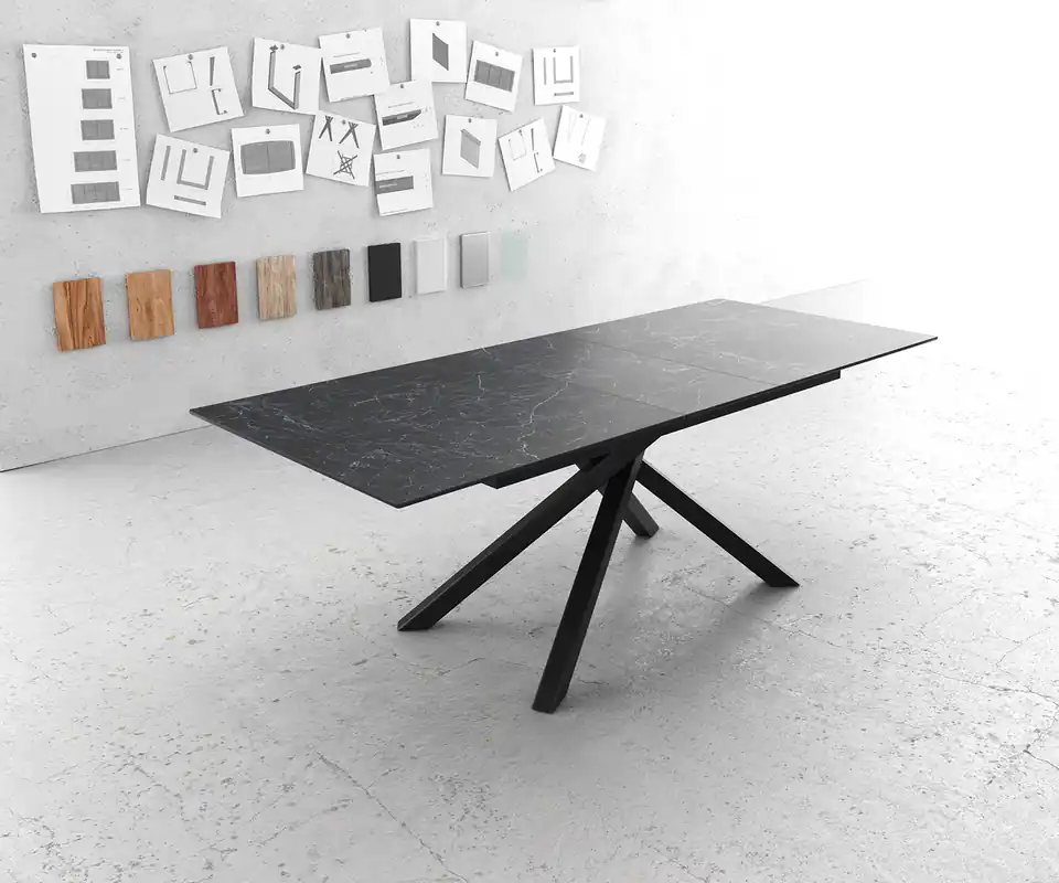 Esstisch Edge 180-220x100cm Keramik Laminam®Nero Greco Anthrazit Kreuzgestell Rechteck Schwarz ausziehbar Finale Aktion