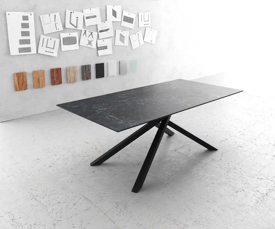 Esstisch Edge 200x100cmKeramik Laminam®Nero Greco Anthrazit Mittelfuß Kreuz Schwarz Preis Gesenkt
