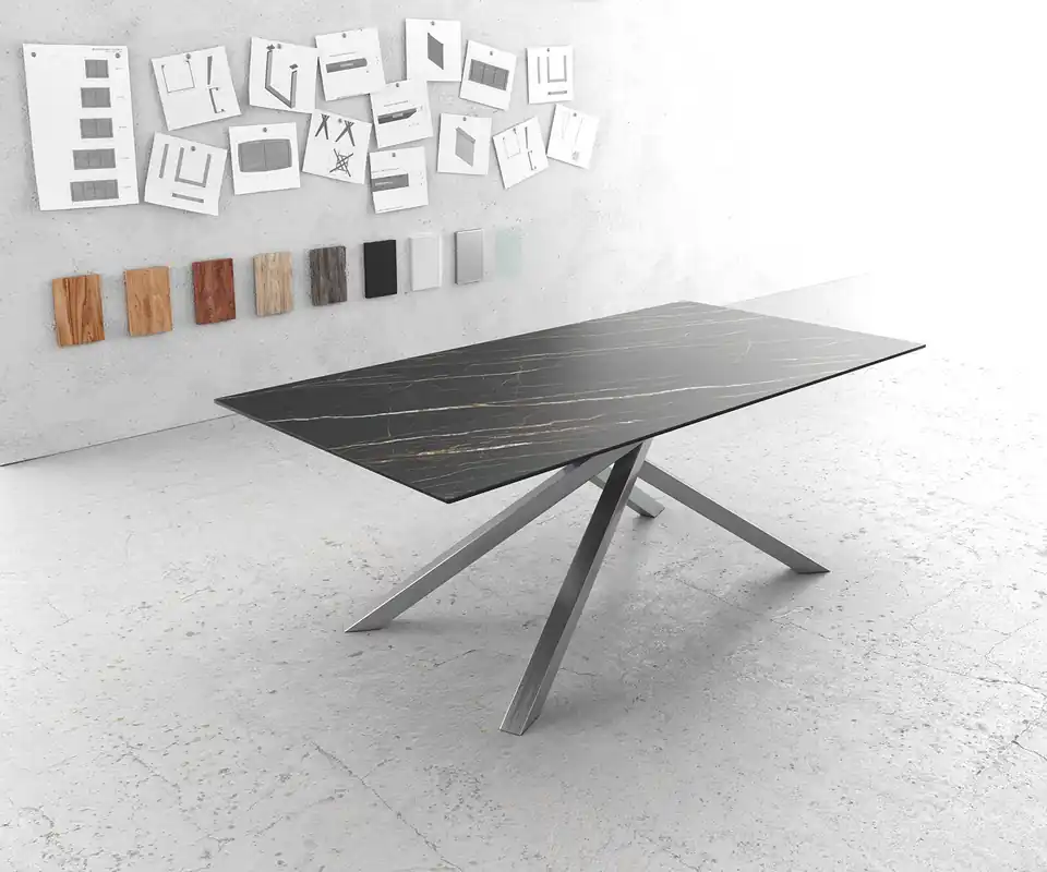 Esstisch Edge 200x100cm Keramik Laminam®Noir Desir Braun Kreuzgestell Rechteck Edelstahl Saisonangebot