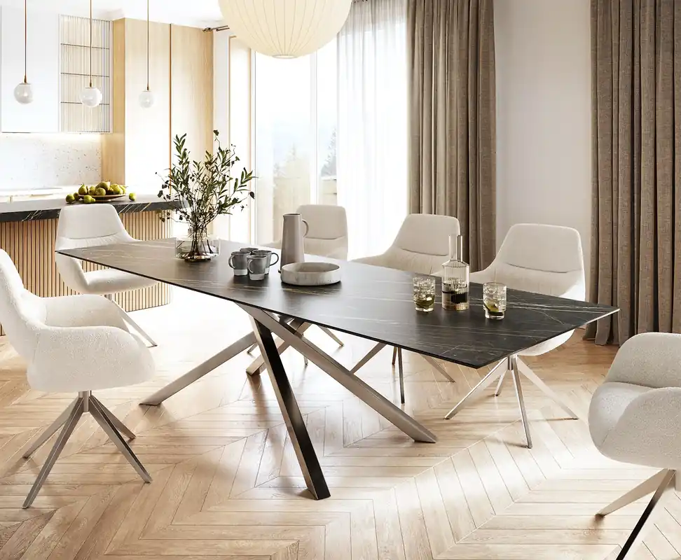Top-Seller Esstisch Edge 300x100cm Keramik Laminam®Noir Desir Braun Kreuzgestell Rechteck Edelstahl
