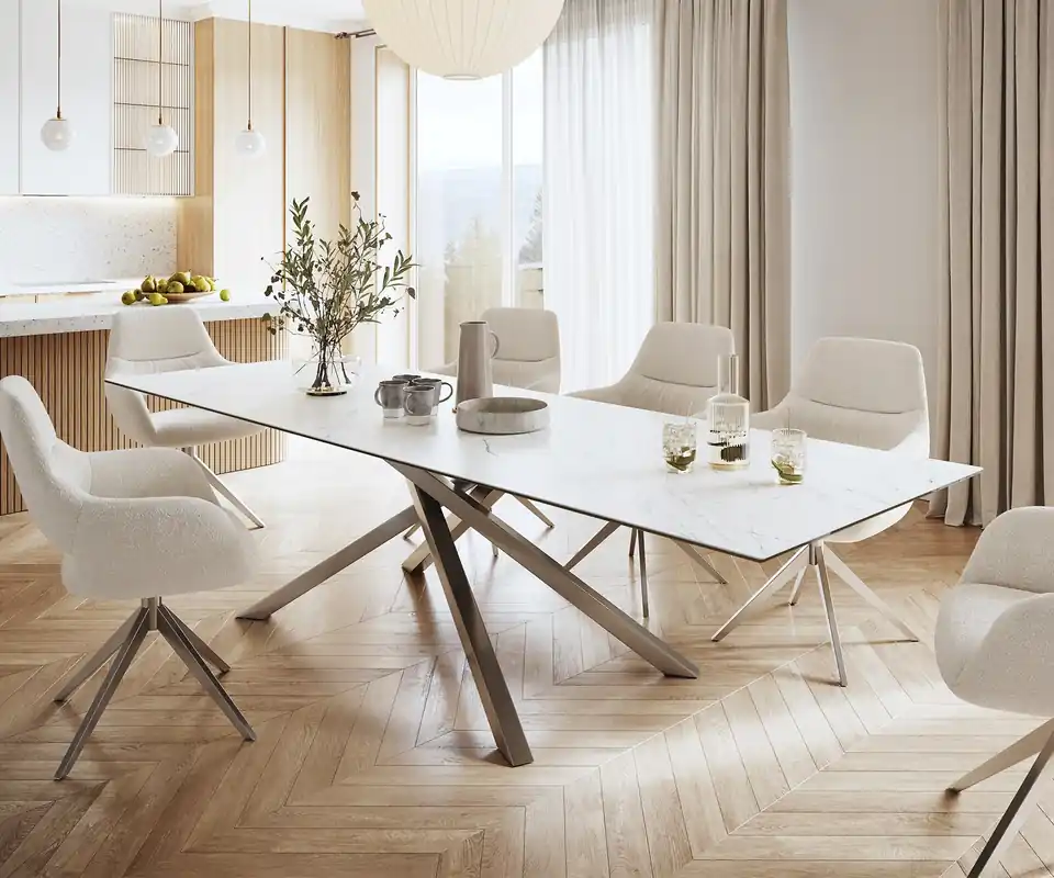 Bestseller Esstisch Edge 300x100cm Keramik Laminam®Statuarietto Weiß Kreuzgestell Rechteck Edelstahl