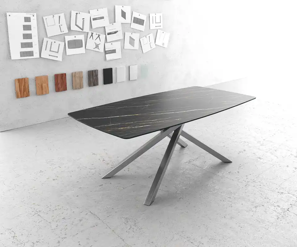 Esstisch Edge Bootsform 200x100cm Laminam® Keramik Noir Desir Braun Kreuzgestell Rechteck Edelstahl Garantierte Lieferung