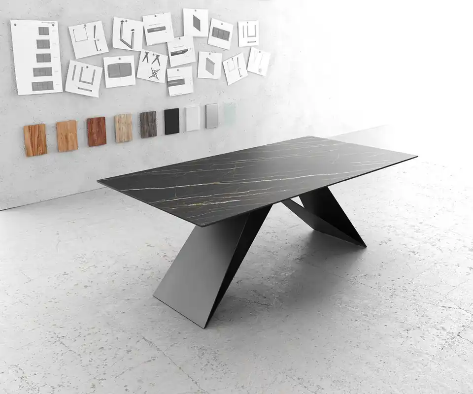 Esstisch Edge 200x100cm Keramik Laminam®Noir Desir Braun V-Mittelfuß Schwarz Preiswert