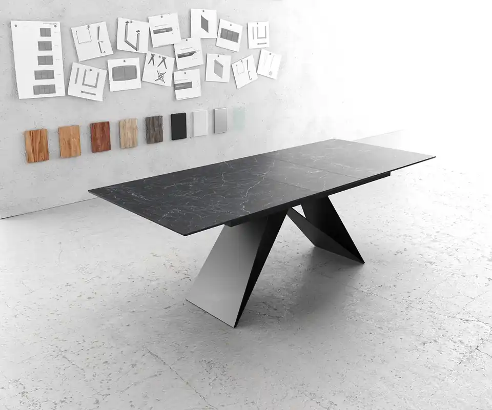 Zertifiziert Esstisch Edge 180-220x100cm Keramik Laminam®Nero Greco Anthrazit V-Mittelfuß Schwarz ausziehbar