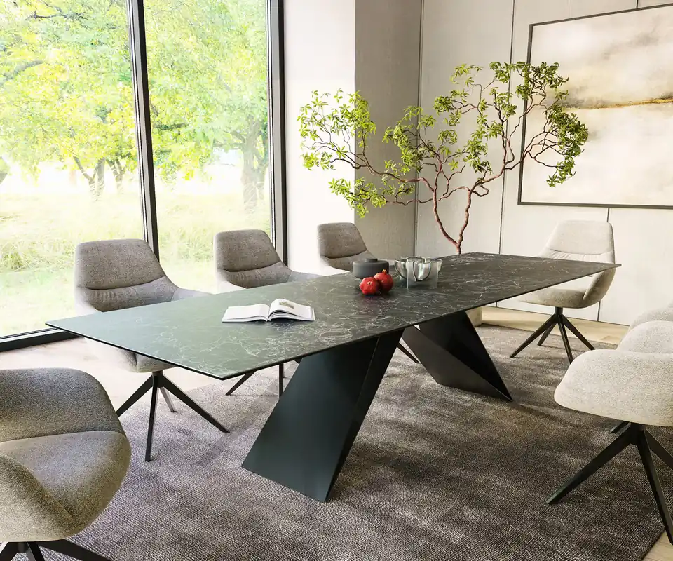 Esstisch Edge 300x100cm Keramik Laminam®Nero Greco Anthrazit V-Mittelfuß Schwarz Super-Preis