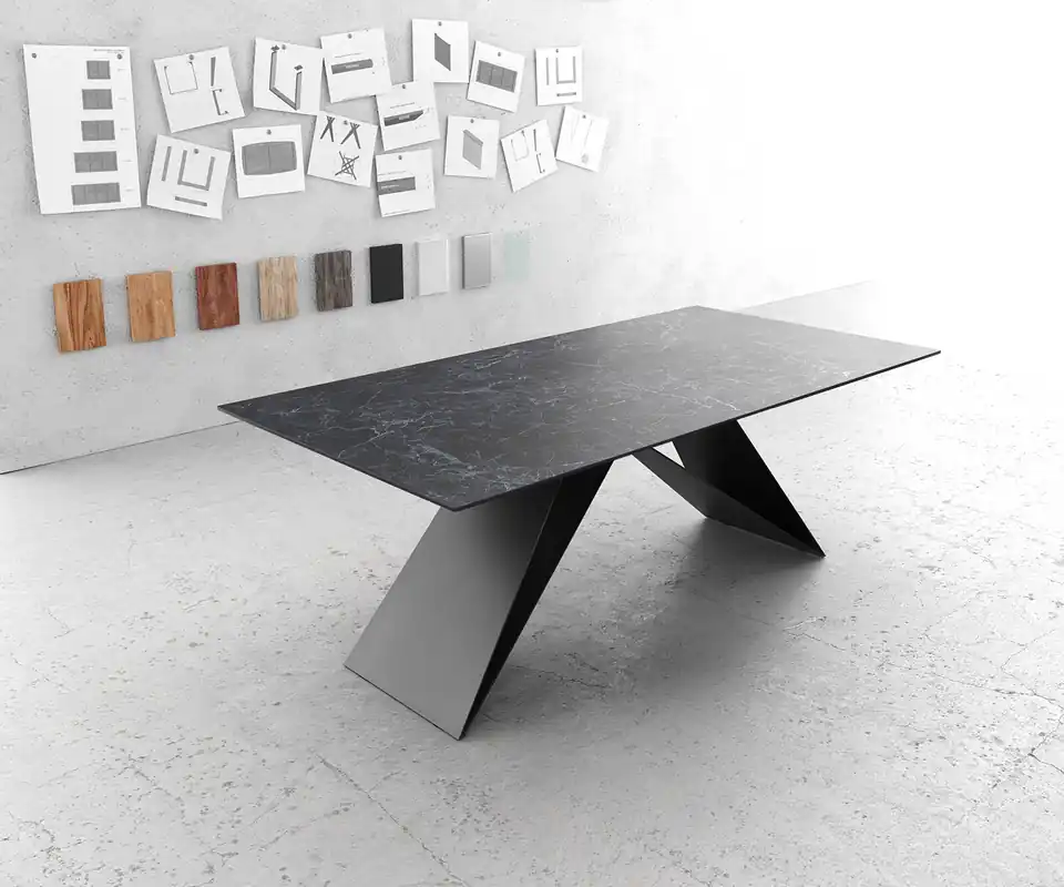 Esstisch Edge 200x100cm Keramik Laminam®Nero Greco Anthrazit V-Mittelfuß Schwarz Knallerangebot