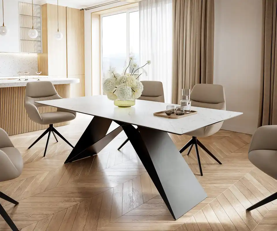 Top-Angebot Esstisch Edge 200x100cm Keramik Laminam®Statuarietto Weiß V-Mittelfuß Schwarz