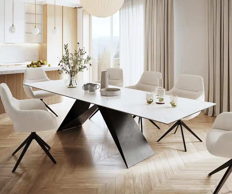 Knallerangebot Esstisch Edge 300x100cm Keramik Laminam®Statuarietto Weiß V-Mittelfuß Schwarz