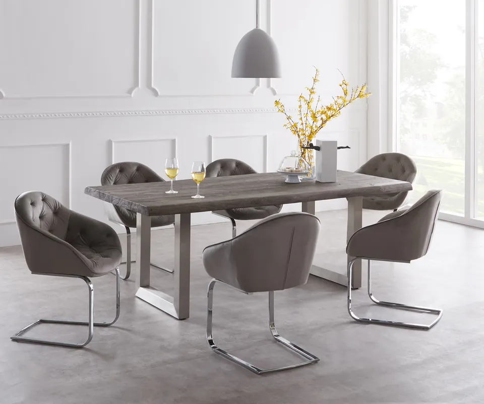 Sichere Zahlung Esstisch Edge 220x100cm XL Akazie Platin Edelstahl breit Live-