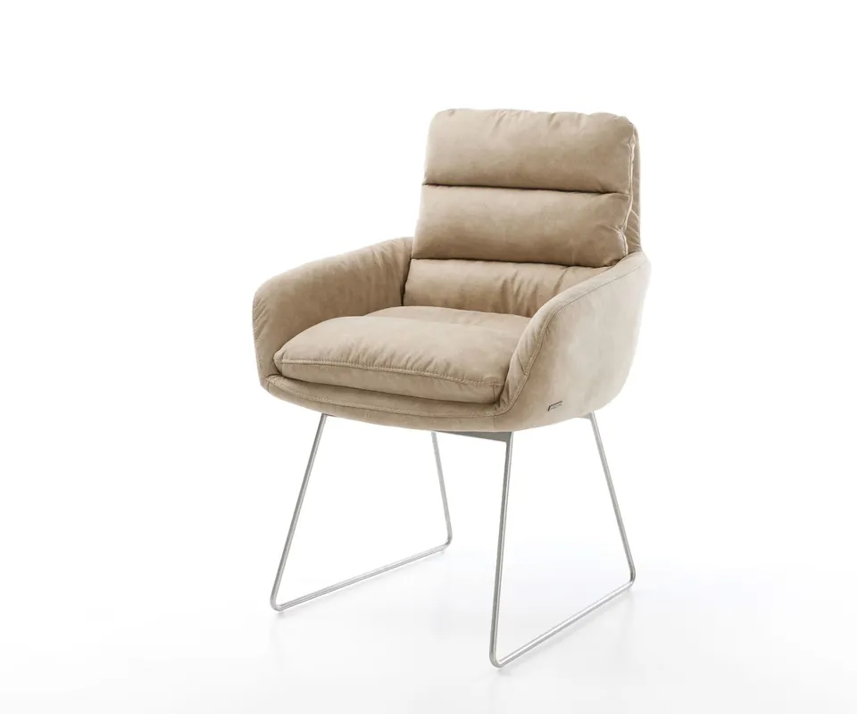 Esszimmerstuhl Abelia-Flex mit Armlehnen Mikrofaser Beige Vintage Kufengestell Edelstahl Kracherpreis